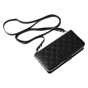 For iPhone 16 Crossbody Rhombic Zipper Tower Buckle Leather Phone Case with Lanyard(Black)