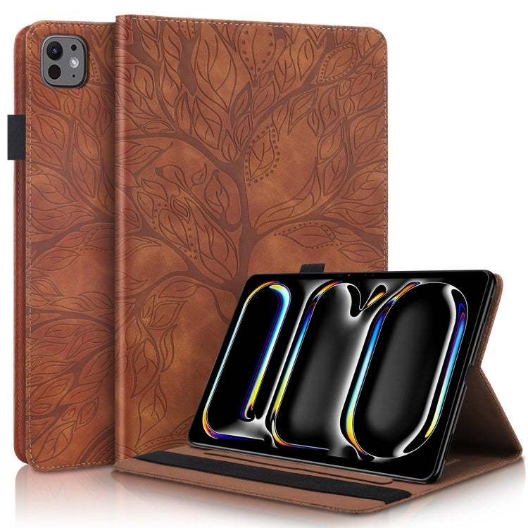 For iPad Pro 13 2024 Tree Life Series Embossed Smart Leather Tablet Case(Brown)
