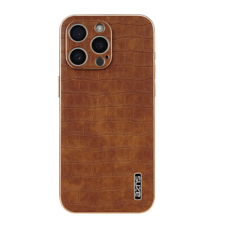 For iPhone 16 Pro Max AZNS Electroplated Frame Crocodile Texture Full Coverage Phone Case(Brown)