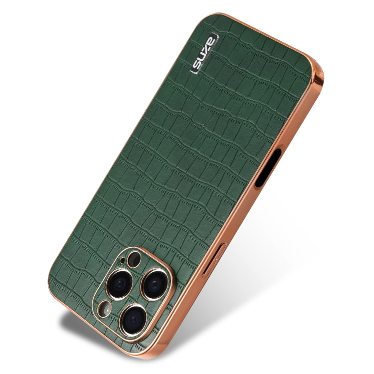 For iPhone 16 Pro Max AZNS Electroplated Frame Crocodile Texture Full Coverage Phone Case(Green)