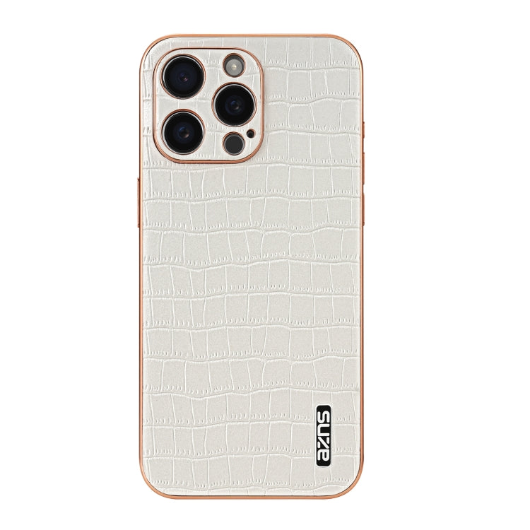 For iPhone 16 Pro Max AZNS Electroplated Frame Crocodile Texture Full Coverage Phone Case(White)