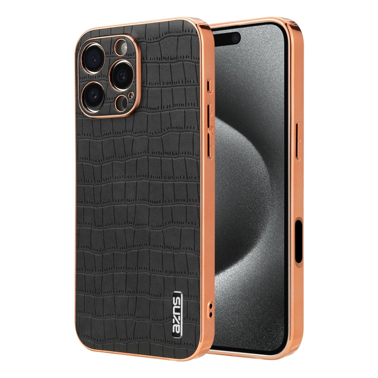 For iPhone 16 Pro AZNS Electroplated Frame Crocodile Texture Full Coverage Phone Case(Black)