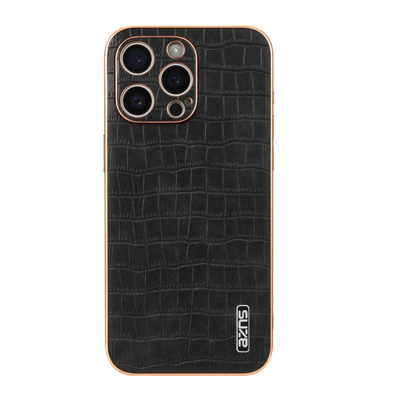 For iPhone 16 Pro AZNS Electroplated Frame Crocodile Texture Full Coverage Phone Case(Black)