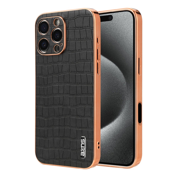 For iPhone 16 Pro AZNS Electroplated Frame Crocodile Texture Full Coverage Phone Case(Black)