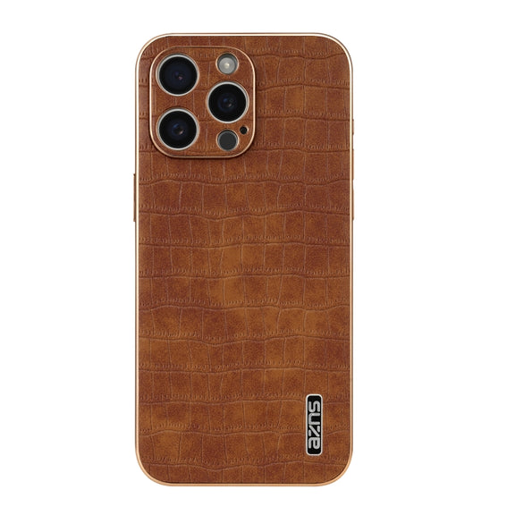 For iPhone 16 Pro AZNS Electroplated Frame Crocodile Texture Full Coverage Phone Case(Brown)