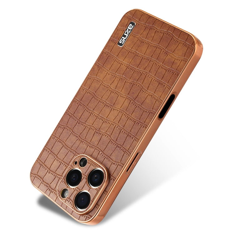 For iPhone 16 Pro AZNS Electroplated Frame Crocodile Texture Full Coverage Phone Case(Brown)