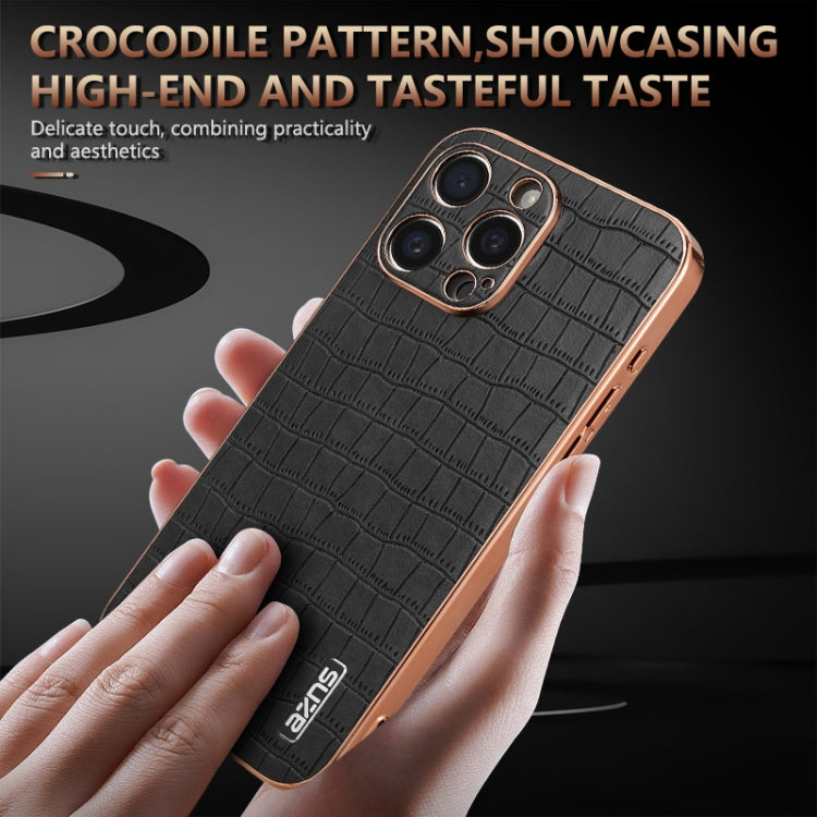 For iPhone 16 Pro AZNS Electroplated Frame Crocodile Texture Full Coverage Phone Case(Brown)