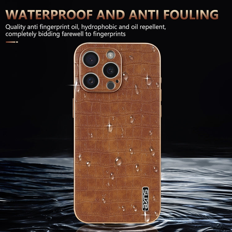 For iPhone 16 Pro AZNS Electroplated Frame Crocodile Texture Full Coverage Phone Case(Brown)