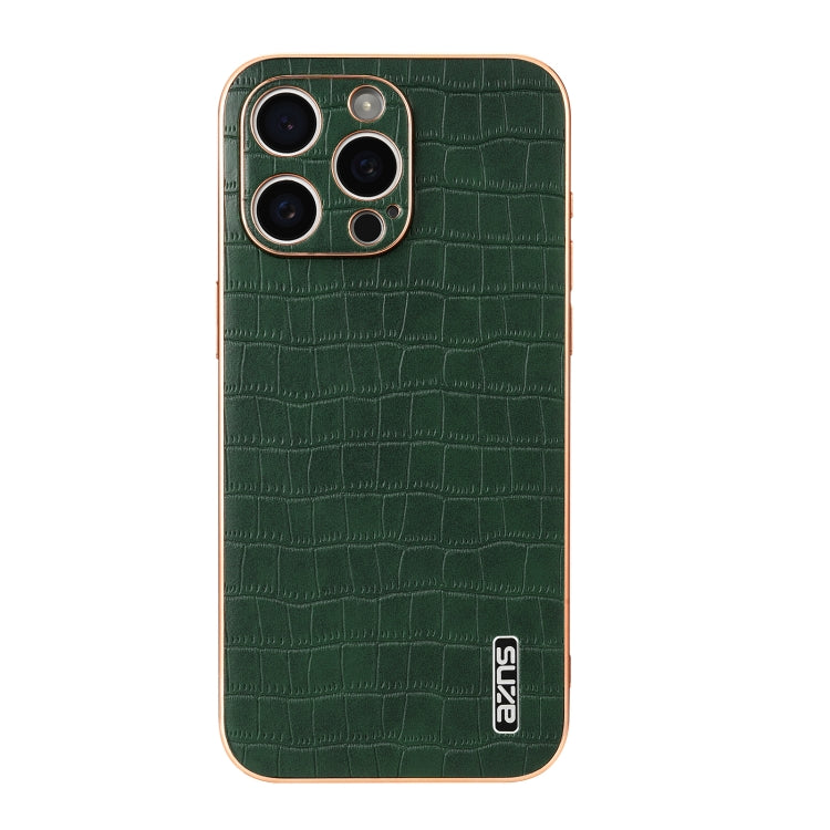 For iPhone 16 Pro AZNS Electroplated Frame Crocodile Texture Full Coverage Phone Case(Green)