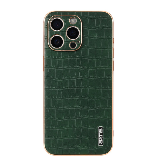 For iPhone 16 Pro AZNS Electroplated Frame Crocodile Texture Full Coverage Phone Case(Green)