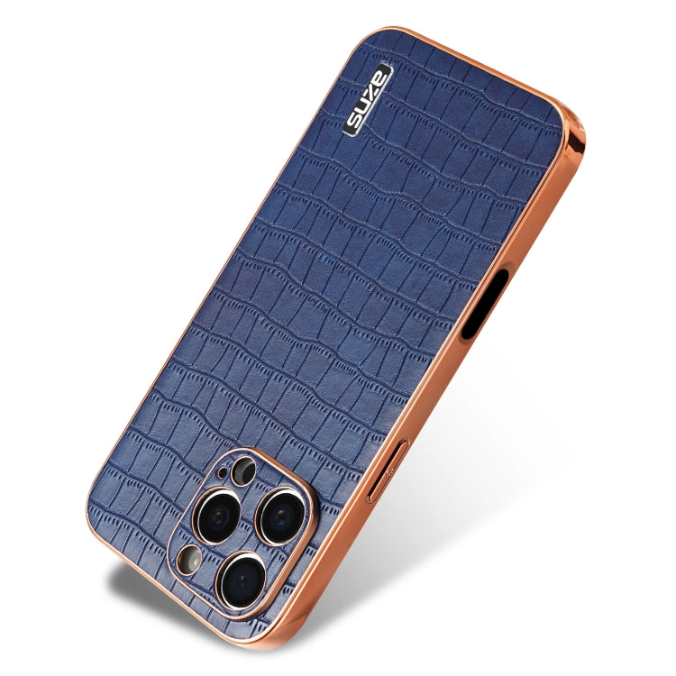 For iPhone 16 Pro AZNS Electroplated Frame Crocodile Texture Full Coverage Phone Case(Blue)