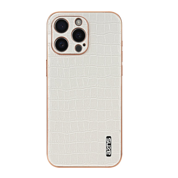 For iPhone 16 Pro AZNS Electroplated Frame Crocodile Texture Full Coverage Phone Case(White)