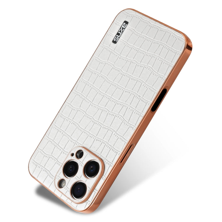 For iPhone 16 Pro AZNS Electroplated Frame Crocodile Texture Full Coverage Phone Case(White)