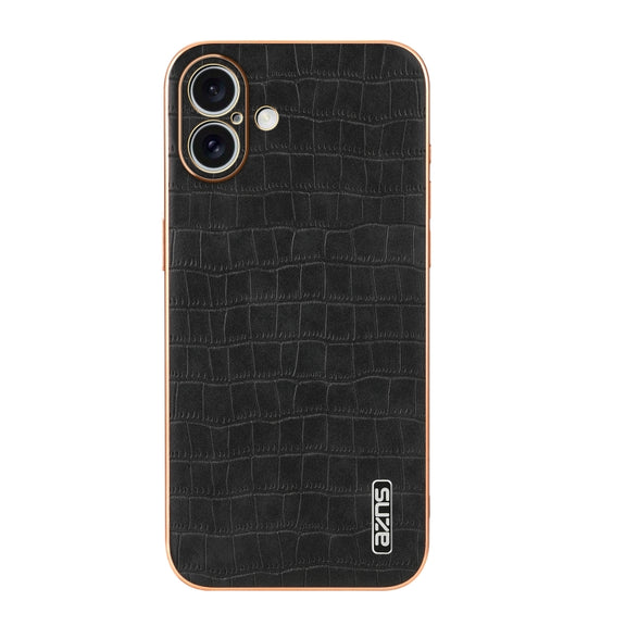 For iPhone 16 Plus AZNS Electroplated Frame Crocodile Texture Full Coverage Phone Case(Black)