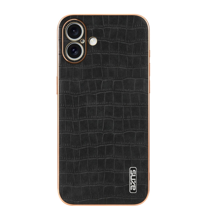 For iPhone 16 Plus AZNS Electroplated Frame Crocodile Texture Full Coverage Phone Case(Black)