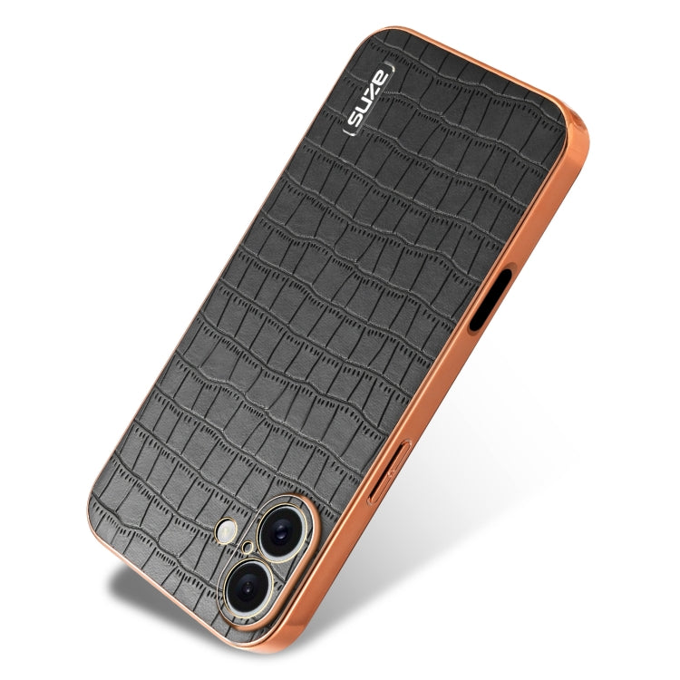 For iPhone 16 Plus AZNS Electroplated Frame Crocodile Texture Full Coverage Phone Case(Black)
