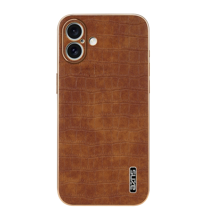 For iPhone 16 Plus AZNS Electroplated Frame Crocodile Texture Full Coverage Phone Case(Brown)