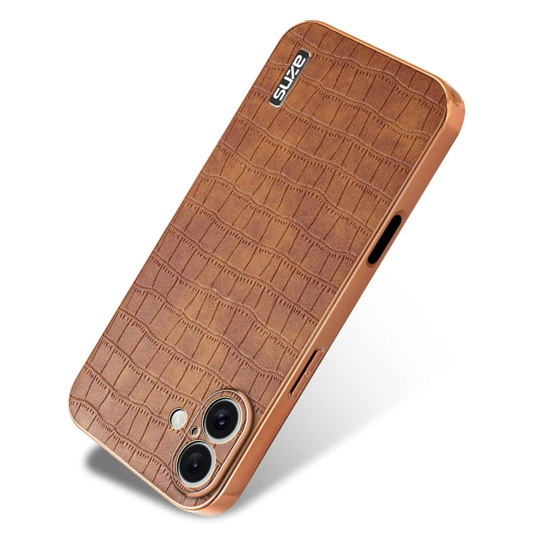 For iPhone 16 Plus AZNS Electroplated Frame Crocodile Texture Full Coverage Phone Case(Brown)