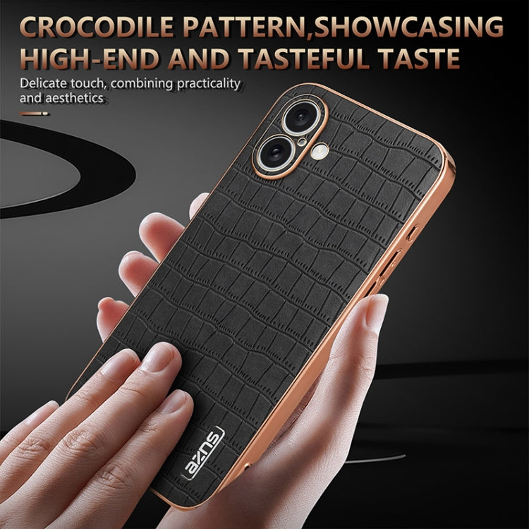 For iPhone 16 Plus AZNS Electroplated Frame Crocodile Texture Full Coverage Phone Case(Brown)