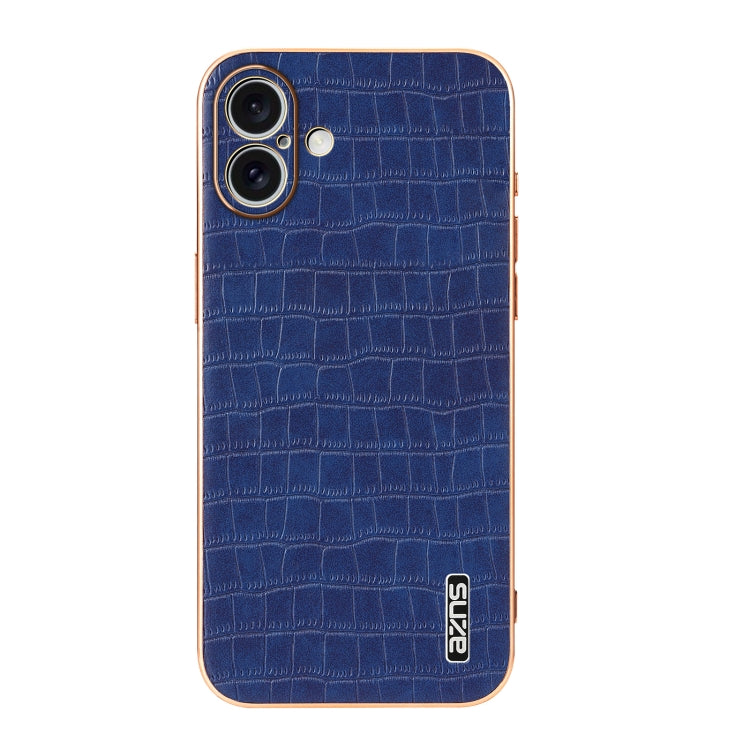 For iPhone 16 Plus AZNS Electroplated Frame Crocodile Texture Full Coverage Phone Case(Blue)