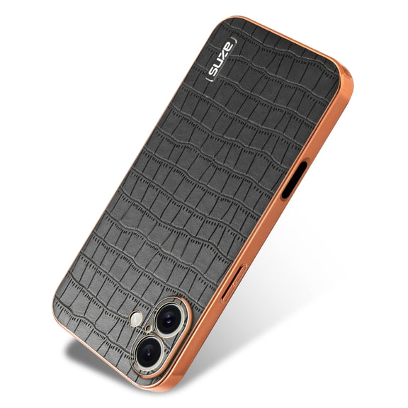 For iPhone 16 AZNS Electroplated Frame Crocodile Texture Full Coverage Phone Case(Black)