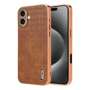 For iPhone 16 AZNS Electroplated Frame Crocodile Texture Full Coverage Phone Case(Brown)