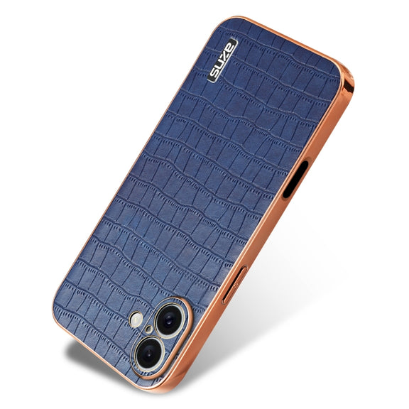 For iPhone 16 AZNS Electroplated Frame Crocodile Texture Full Coverage Phone Case(Blue)