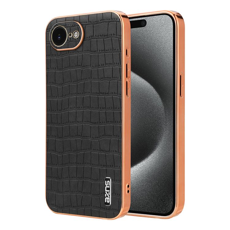 For iPhone 16e AZNS Electroplated Frame Crocodile Texture Full Coverage Phone Case(Black)