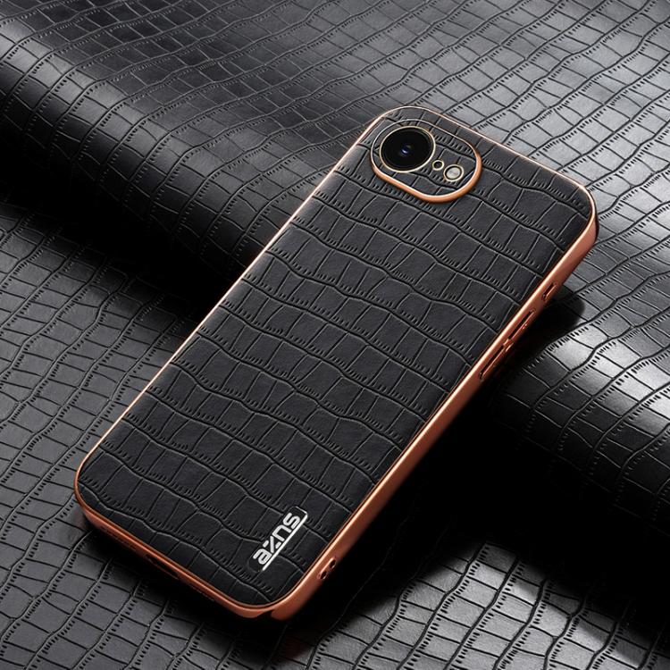 For iPhone 16e AZNS Electroplated Frame Crocodile Texture Full Coverage Phone Case(Black)
