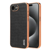For iPhone 16e AZNS Electroplated Frame Crocodile Texture Full Coverage Phone Case(Black)
