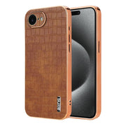 For iPhone 16e AZNS Electroplated Frame Crocodile Texture Full Coverage Phone Case(Brown)