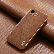 For iPhone 16e AZNS Electroplated Frame Crocodile Texture Full Coverage Phone Case(Brown)