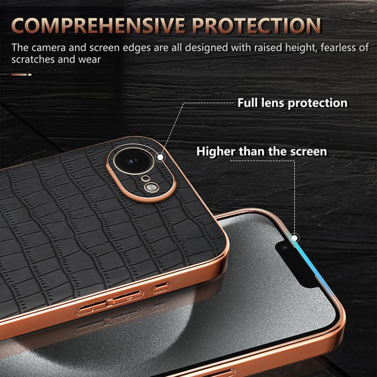 For iPhone 16e AZNS Electroplated Frame Crocodile Texture Full Coverage Phone Case(Brown)
