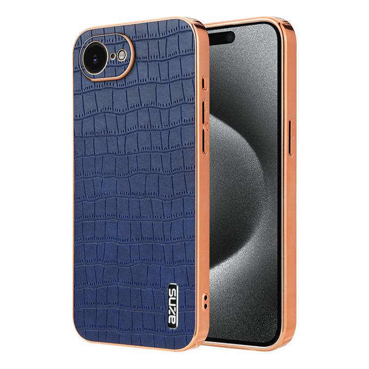 For iPhone 16e AZNS Electroplated Frame Crocodile Texture Full Coverage Phone Case(Blue)