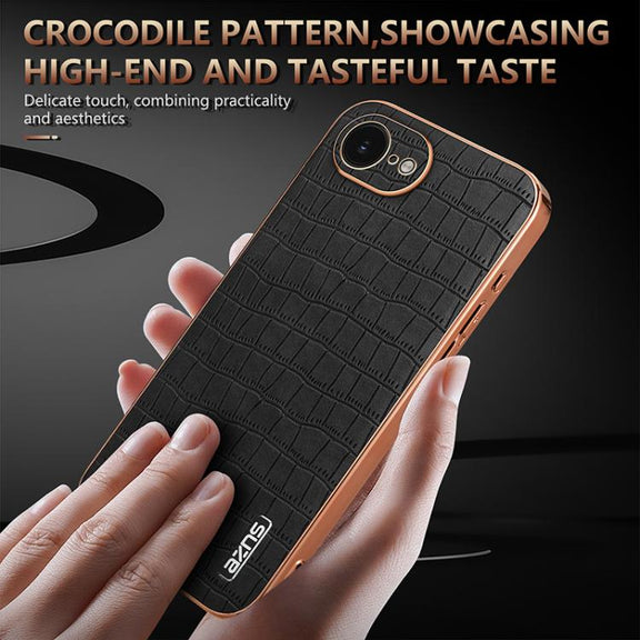 For iPhone 16e AZNS Electroplated Frame Crocodile Texture Full Coverage Phone Case(Blue)