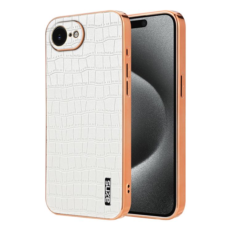 For iPhone 16e AZNS Electroplated Frame Crocodile Texture Full Coverage Phone Case(White)