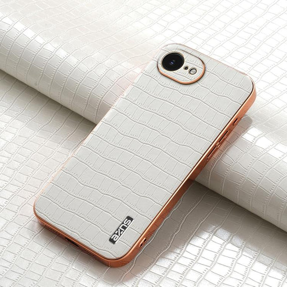 For iPhone 16e AZNS Electroplated Frame Crocodile Texture Full Coverage Phone Case(White)