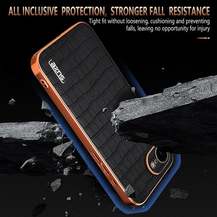 For iPhone 16e AZNS Electroplated Frame Crocodile Texture Full Coverage Phone Case(White)