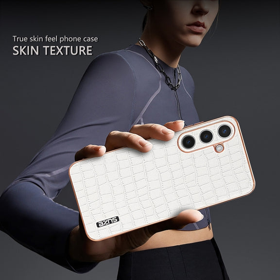 For Samsung Galaxy S24 5G AZNS Electroplated Frame Crocodile Texture Full Coverage Phone Case(White)