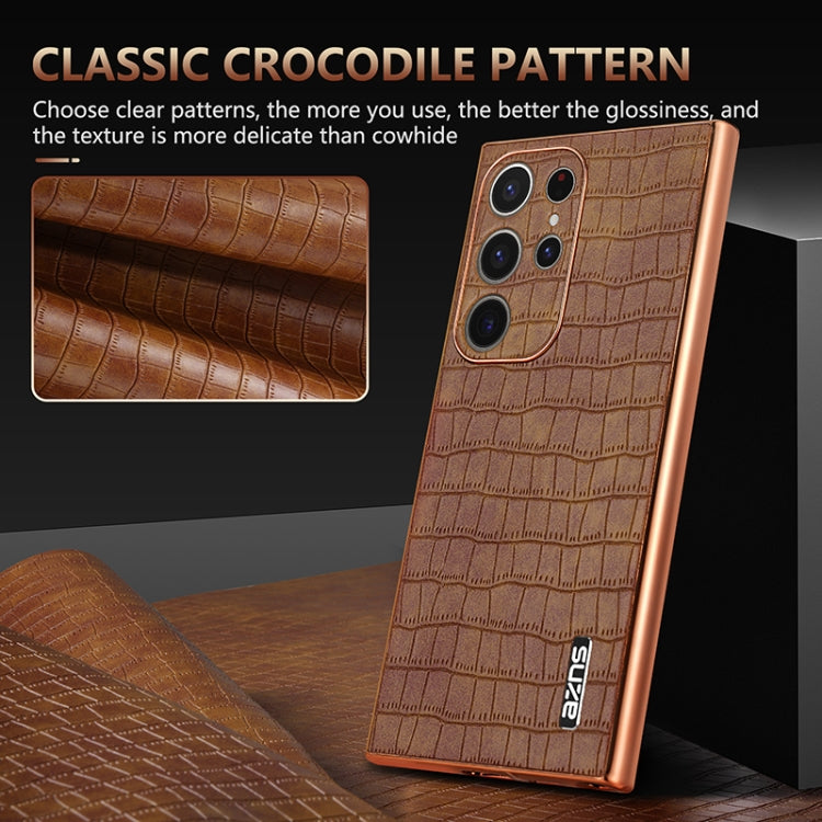 For Samsung Galaxy S24 Ultra 5G AZNS Electroplated Frame Crocodile Texture Full Coverage Phone Case(Brown)