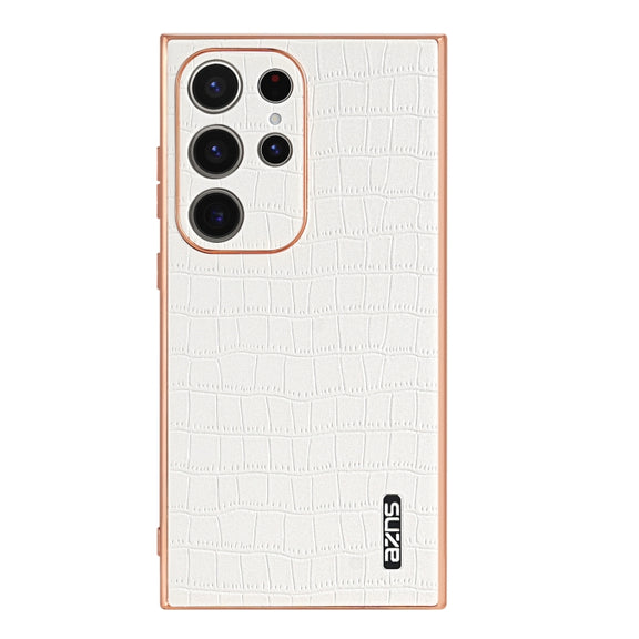 For Samsung Galaxy S24 Ultra 5G AZNS Electroplated Frame Crocodile Texture Full Coverage Phone Case(White)