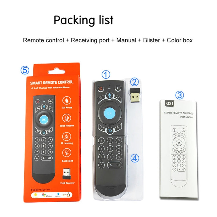 G21 2.4GHz Fly Air Mouse LED Backlight Wireless Keyboard Remote Control with Gyroscope for Android TV Box / PC, Support Intelligent Voice (Blue)