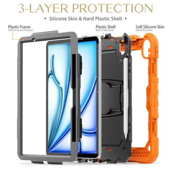 For iPad Air 11 2024 Silicone Hydric PC Tablet Case with Shoulder Strap & Holder(Orange)