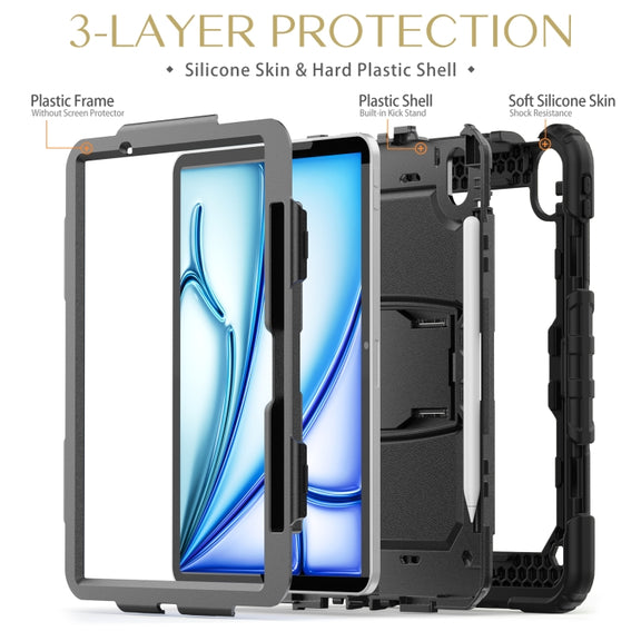 For iPad Air 11 2025 / 2024 Silicone Hydric PC Tablet Case with Shoulder Strap & Holder(Black)