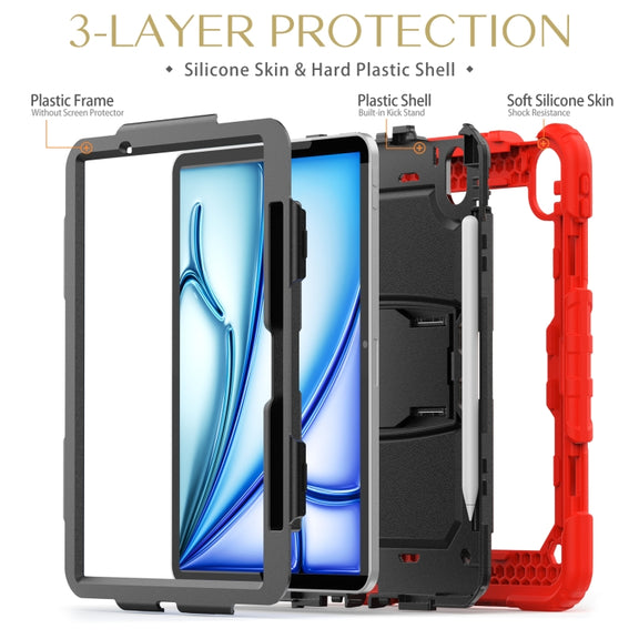 For iPad Air 11 2025 / 2024 Silicone Hydric PC Tablet Case with Shoulder Strap & Holder(Red)