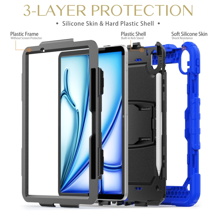 For iPad Air 11 2025 / 2024 Silicone Hydric PC Tablet Case with Shoulder Strap & Holder(Blue)