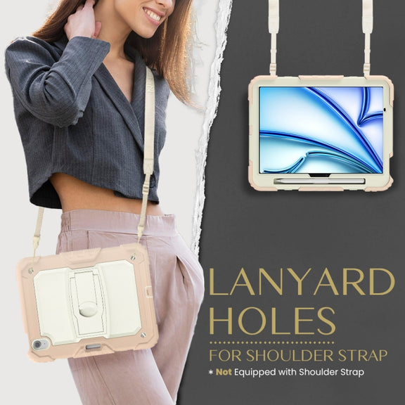For iPad Air 11 2024 Silicone Hydric PC Tablet Case with Shoulder Strap & Holder(Rose Gold)
