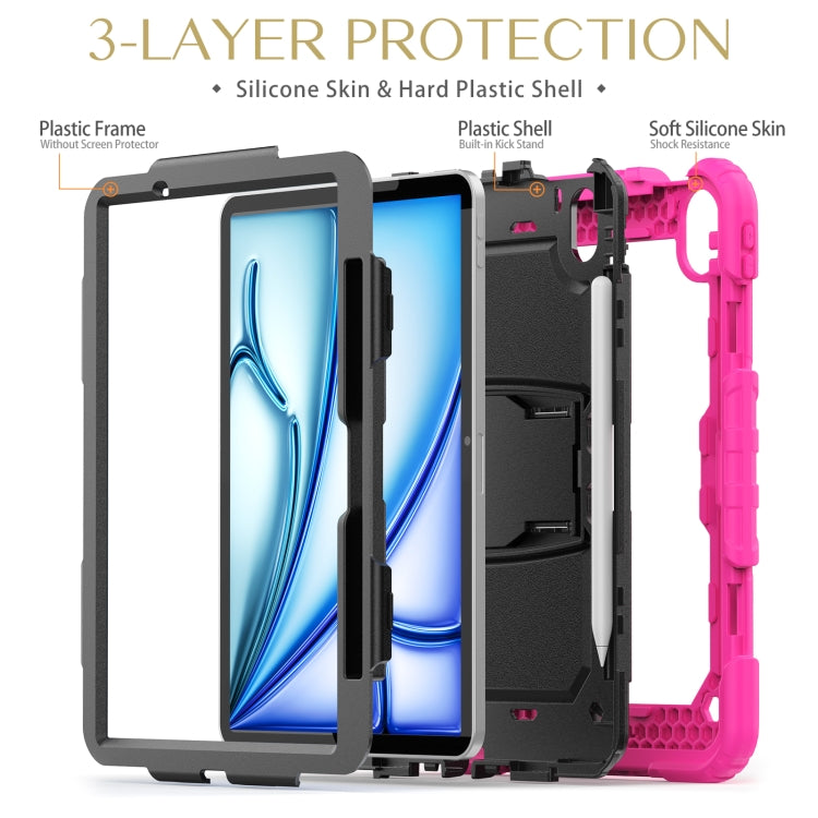 For iPad Air 11 2024 Silicone Hydric PC Tablet Case with Shoulder Strap & Holder(Rose Red)