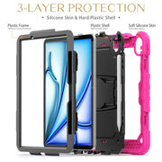 For iPad Air 11 2024 Silicone Hydric PC Tablet Case with Shoulder Strap & Holder(Rose Red)