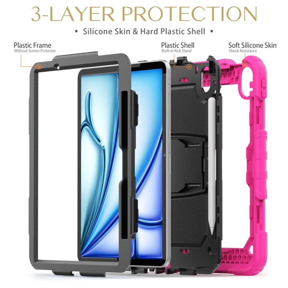 For iPad Air 11 2024 Silicone Hydric PC Tablet Case with Shoulder Strap & Holder(Rose Red)